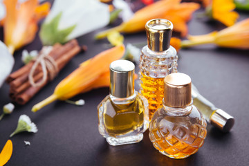 Bottles of perfume with ingredients