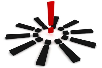 Red and black exclamation mark, solution concept. 3D render