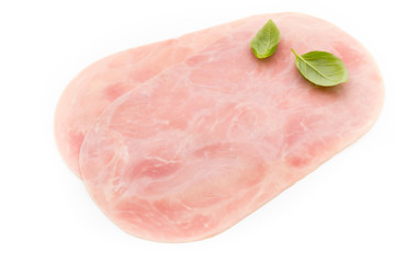Thin slices of ham on white background.