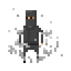 Pixel black ninja in the smoke for games and applications