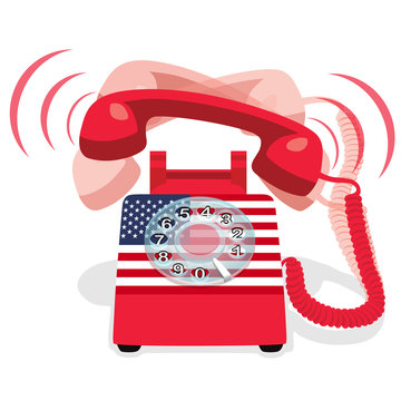 Ringing red stationary phone with rotary dial and flag of USA