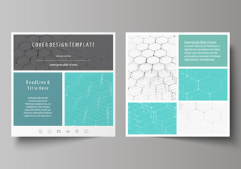 Business templates for square design brochure, flyer, report. Leaflet cover, abstract vector layout. Chemistry pattern, hexagonal molecule structure on blue. Medicine, science, technology concept.