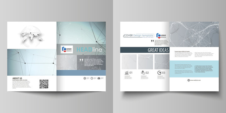 Business templates for bi fold brochure, flyer, report. Cover design template, vector flat layout in A4 size. Chemistry pattern, connecting lines and dots, molecule structure, medical DNA research.