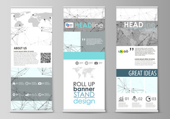 Roll up banner stands, abstract geometric style templates, vertical vector flyers, flag layouts. Chemistry pattern, connecting lines and dots, molecule structure on white, geometric graphic background