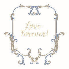 Embroidery with blue and beige vintage frame in rococo style with word love on white background. Stock vector illustration.