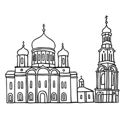 Black pen sketch of Russian orthodox church with belltower, Rostov-on-Don, Russia.. Vector illustration on white background.