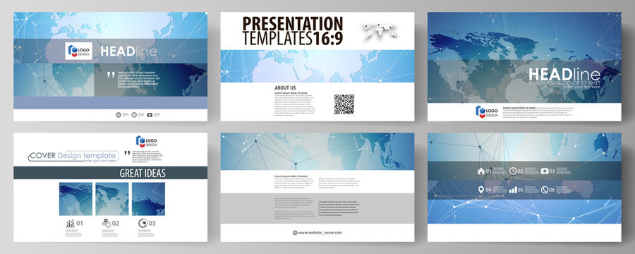 The minimalistic abstract vector illustration of the editable layout of high definition presentation slides design business templates. World map on blue, geometric technology design, polygonal texture