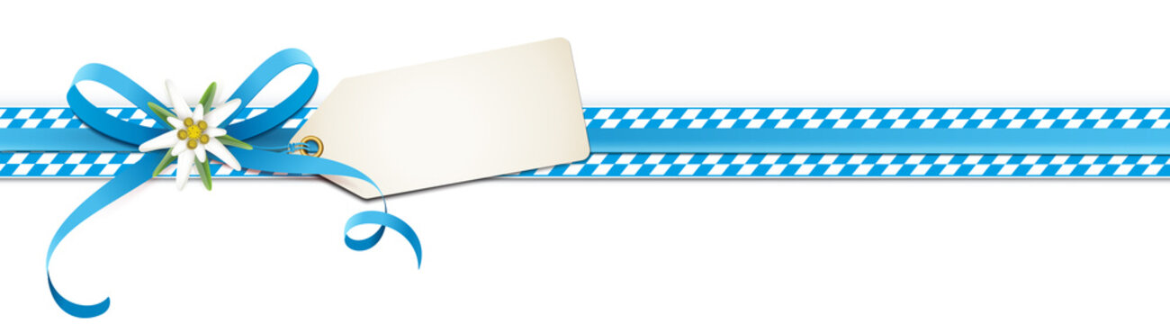 Oktoberfest - Blaue Schleife mit Edelwei&szlig; Bl&uuml;te, Etikett und Rauten Band