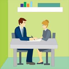 Office teamwork. Young creative business people discussing ideas in office. Business meeting around table concept illustration vector.