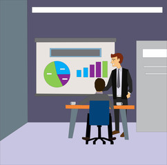 Projector screen with chart pie and businessman do presentation. Training staff, meeting, financial report, business school flat illustration vector.