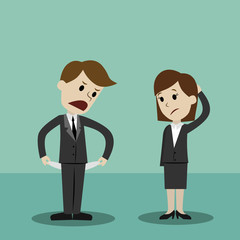 Businessman and businesswomen standing and showing his empty pocket, turning his pocket inside out, no money