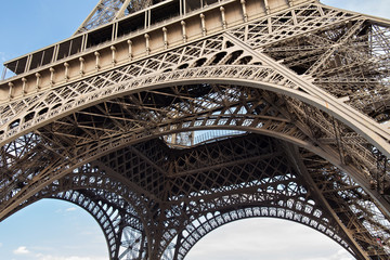 View of the detail of the Eiffel Tower in Paris. France. The Eiffel Tower was constructed from 1887-1889 as the entrance to the 1889 World's Fair by engineer Gustave Eiffel.