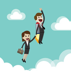 Startup business, flat design illustration. Businessman and businesswoman on a rocket. Team work