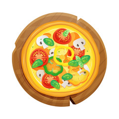 Cartoon pizza illustration on round wooden plate. Vegetarian pizza with cheese, tomatoes, peppers and mushrooms ingredients.