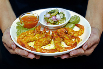 Charcoal boiled ,Prawn satay served with side disk.