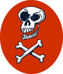skull and bones cartoon style illustration with red ellipse background.