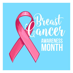 Breast cancer awareness month banner, poster, template with hand drawn pink ribbon, sketch vector illustration. Hand drawn pink ribbon, breast cancer awareness month campaign banner, poster, card