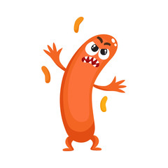 Ugly green virus, germ, bacteria character with human face, cartoon vector illustration on white background. Scary bacteria, virus, germ monster with human face and sharp teeth