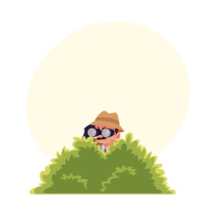 Funny detective character looking through binoculars from bush, spying, cartoon vector illustration with space for text. Full length portrait of funny detective character at surveillance work