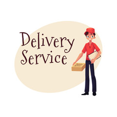Delivery service banner with portrait of courier standing with package and clipboard, cartoon vector illustration. Delivery service banner showing man boy in courier uniform with clipboard and package