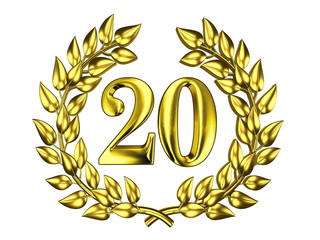 Golden figure of 20 in a gold wreath