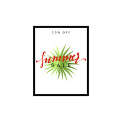 Summer design frame layout. Poster sale with palm branches. Banner with green tropical leaves.