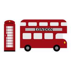 Vector illustration of a double-Decker red bus and red telephone booth