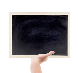 hands holding blackboard on a white background, blackboard for writing for advert, clipping part
