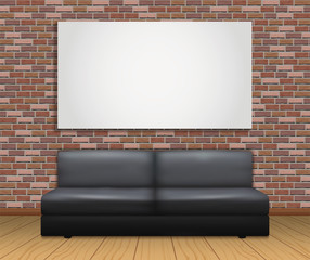 Realistic modern black sofa isolated on a wooden floor with a red brick wall. Vector illustration.