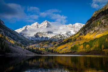 Maroon Bells and Early Morning Fog on a Crisp Fall Morning