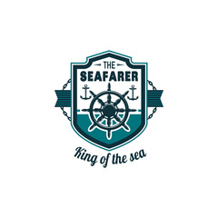 Vector nautical badge of ship helm and anchor