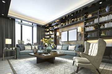3d rendering loft luxury living room with bookshelf and library