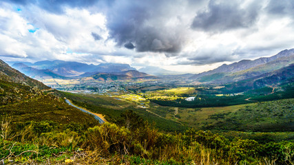 Franschhoek Valley in the Western Cape of South Africa with its many vineyards as seen from Franschhoek Pass in the Middagskransberg between the Franschhoek Valley and the Wemmershoek Mountains