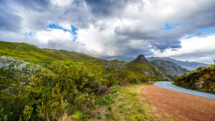 Fototapeta na wymiar Franschhoek Pass in the Middagskransberg between the Franschhoek Valley and the Wemmershoek Mountains in the Western Cape province of South Africa