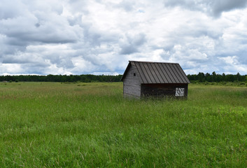 Fototapeta na wymiar Abandoned cabin in a grassy field