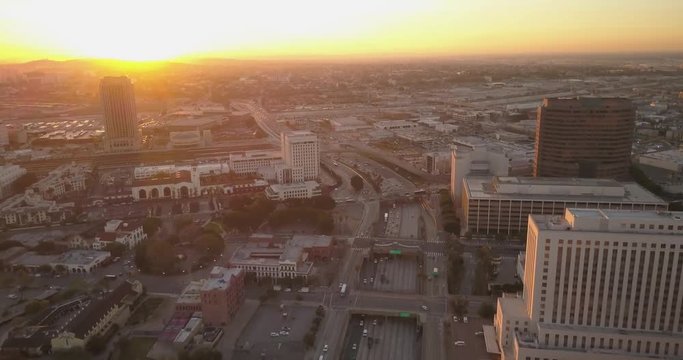 Aerial view of DTLA at sunrise