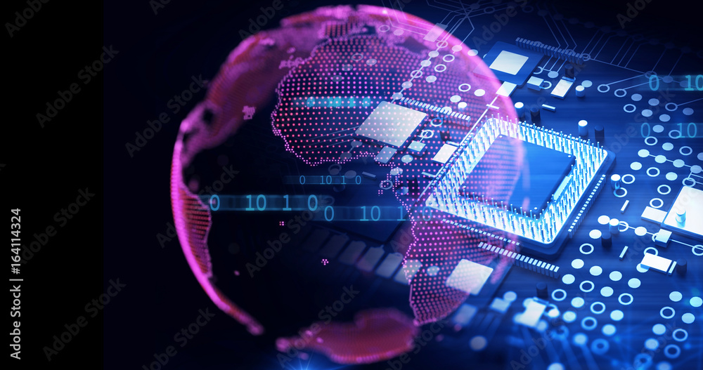 Poster 3d rendering  of futuristic blue circuit board