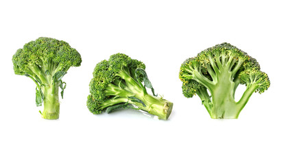 Collage of fresh broccoli on white background