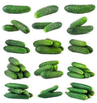 Collage of fresh cucumbers on white background