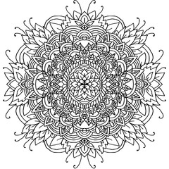 Abstract mandala ornament for adult coloring books. Asian pattern. Black and white authentic background.