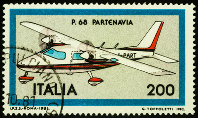 Italian light transport airplane P.68 Partenavia on postage stamp