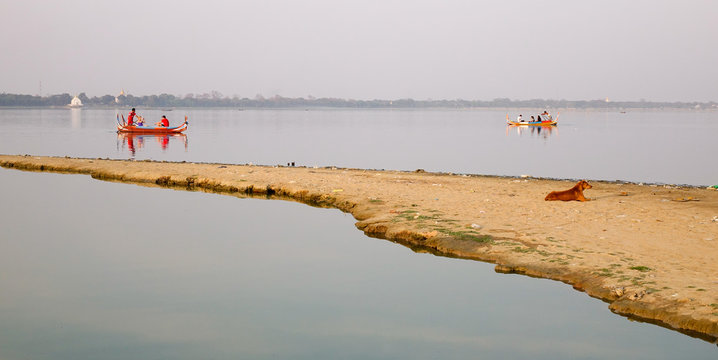 Wooden boats on the lake in Mandalay, Myanmar