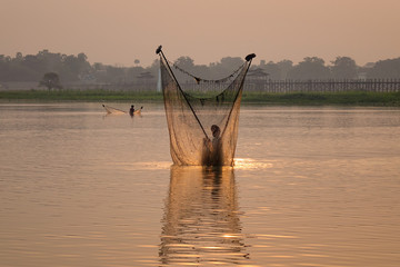 Fishing on the lake in Mandalay, Myanmar