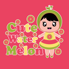 Cute cartoon with cute watermelon girl on pink background vector cartoon for kid t-shirt background and wallpaper