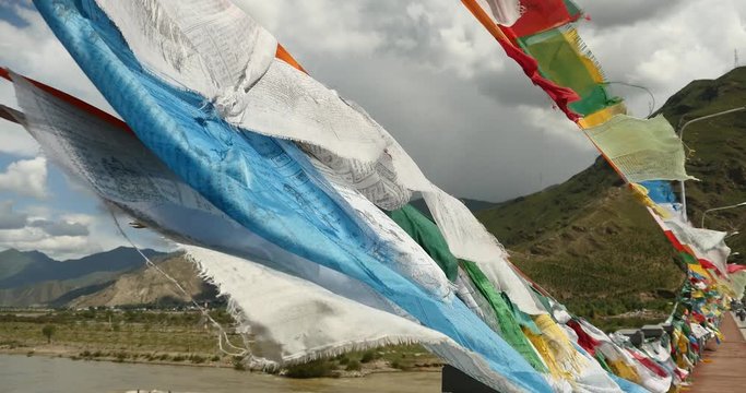 4k prayer flag on lhasa river bridge,tibet.
