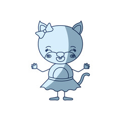 blue color shading silhouette caricature of cute female kitten in skirt with bow lace with happiness expression and closed eyes vector illustration