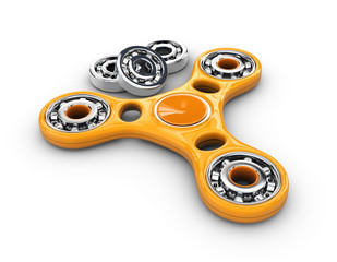 3d Illustration of Yellow Hand fidget spinner toy and Bearings.