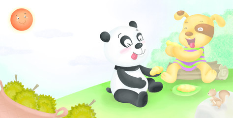 Cartoon illustration - Dog and Panda are sitting happily eating durian on green meadows.