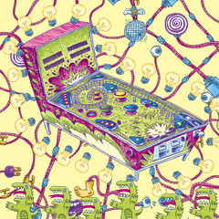 A cartoon of a pinball machine surrounded by tube wiring, lizards and lightbulbs.