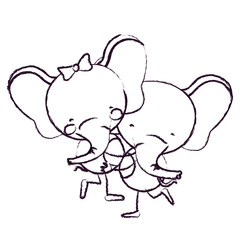 blurred sketch contour caricature with couple of elephants one carrying the other cute animals love vector illustration